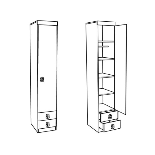 Ντουλάπα μονόφυλλη με 2 συρτάρια Numero O1V2F άσπρος δρυς/ γκρι 40x52x217,5