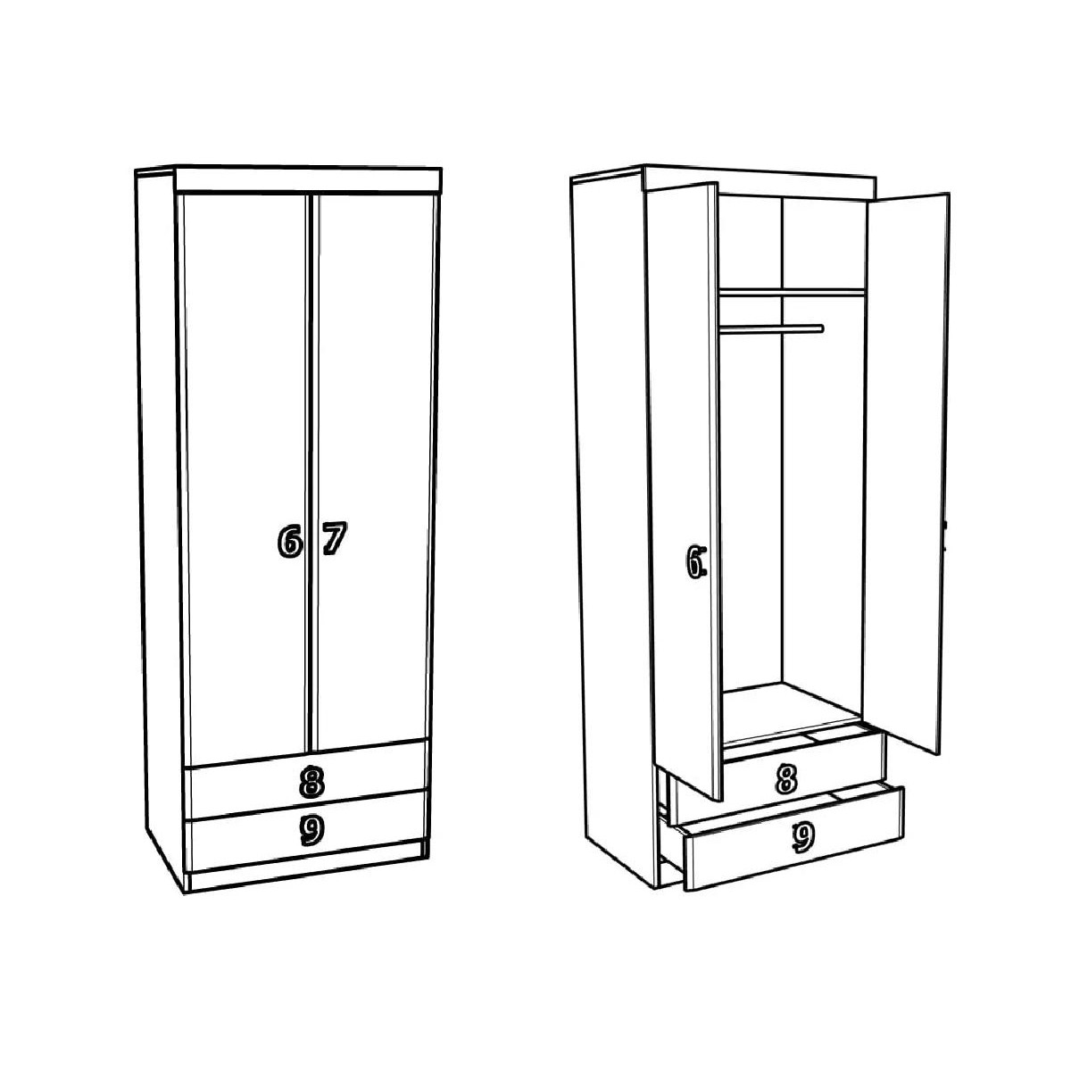 Δίφυλλη ντουλάπα με 2 συρτάρια Numero O2V2F άσπρος δρυς/ μωβ 80x52x217,5