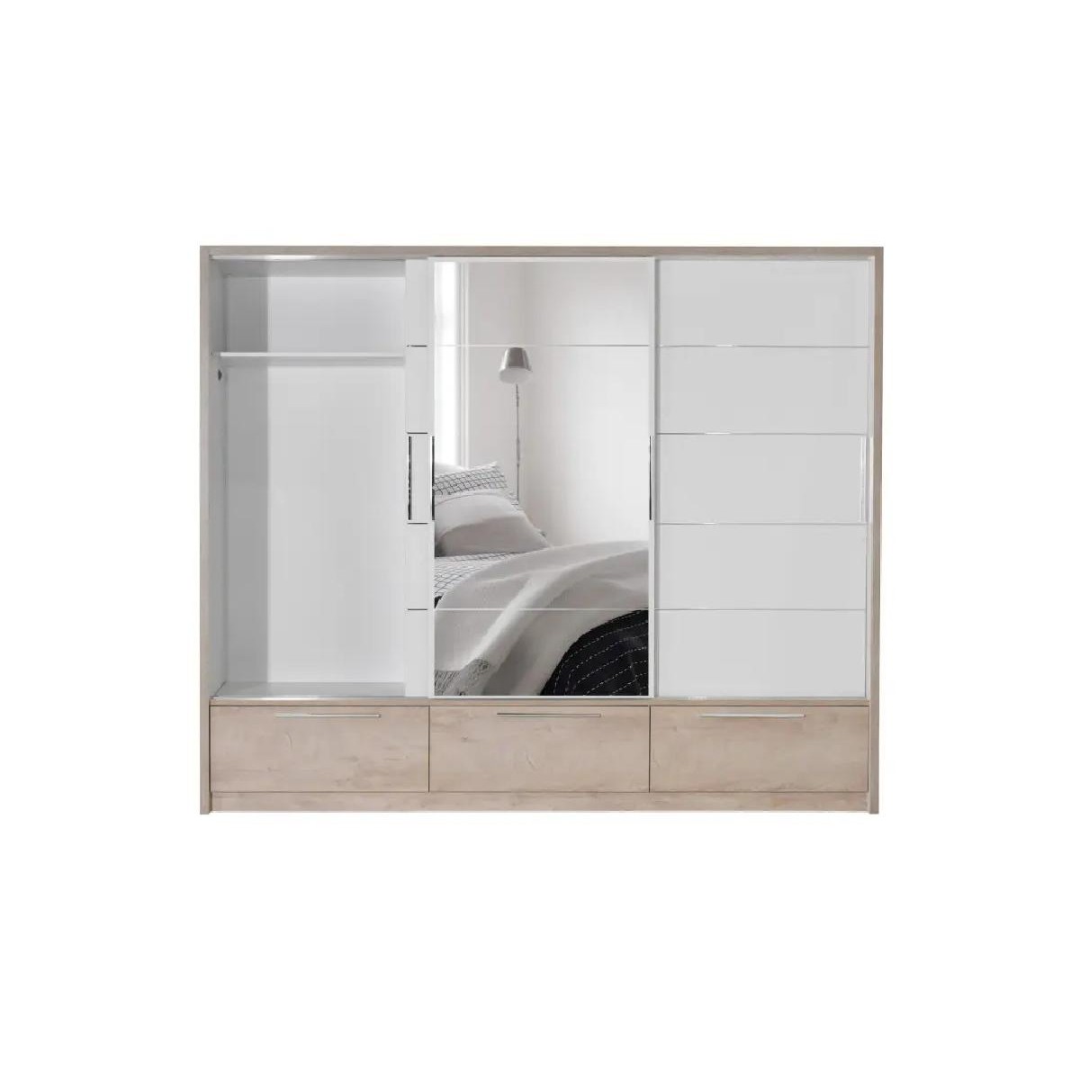 Συρόμενη ντουλάπα με καθρέφτη και 3 συρτάρια KALIOPA 270 premium δρυς/ λευκό 269x64x222