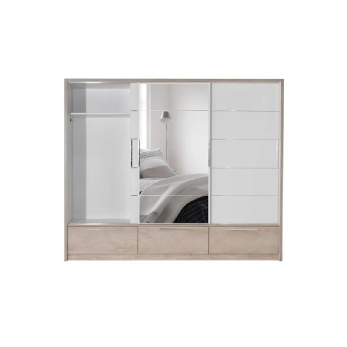 Συρόμενη ντουλάπα με καθρέφτη και 3 συρτάρια KALIOPA 270 premium δρυς/ λευκό 269x64x222