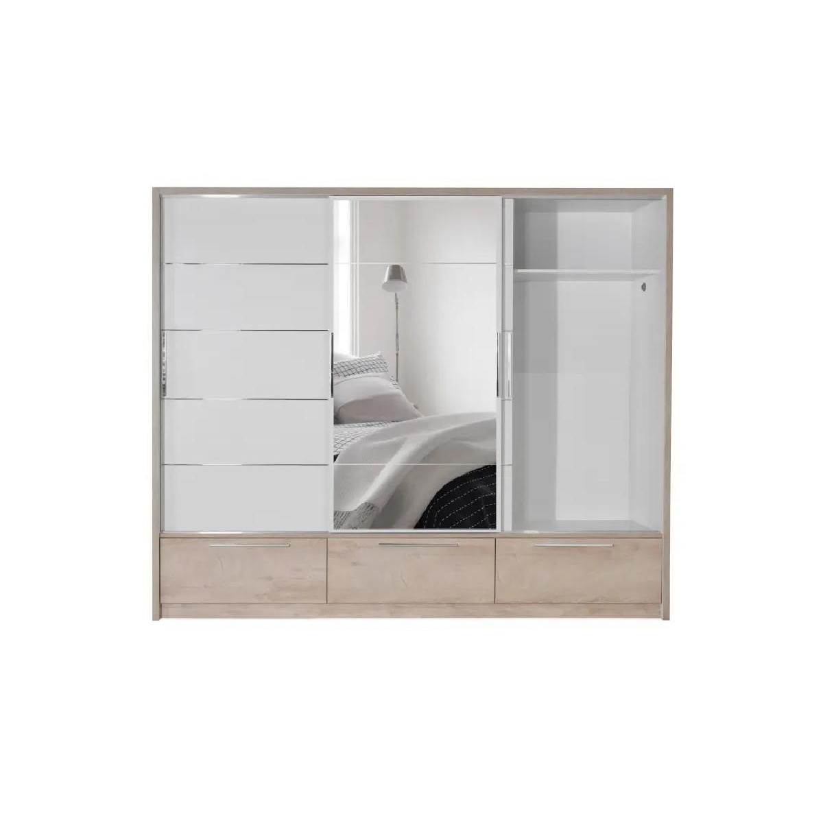 Συρόμενη ντουλάπα με καθρέφτη και 3 συρτάρια KALIOPA 270 premium δρυς/ λευκό 269x64x222