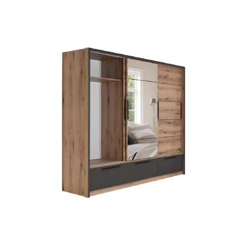 Συρόμενη ντουλάπα με καθρέφτη και 3 συρτάρια KALIOPA 270 artisan/ γκρι 269x64x222