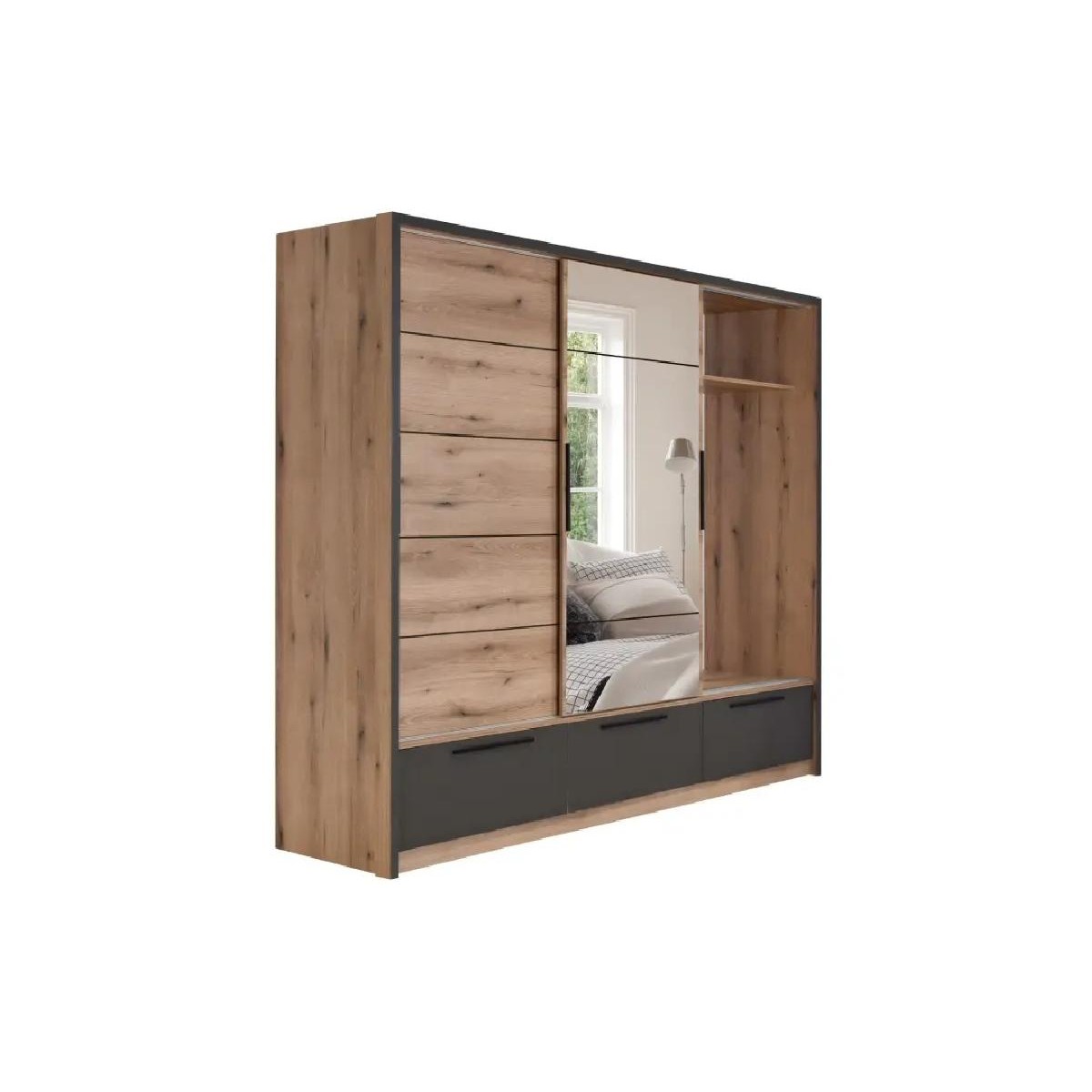 Συρόμενη ντουλάπα με καθρέφτη και 3 συρτάρια KALIOPA 270 artisan/ γκρι 269x64x222