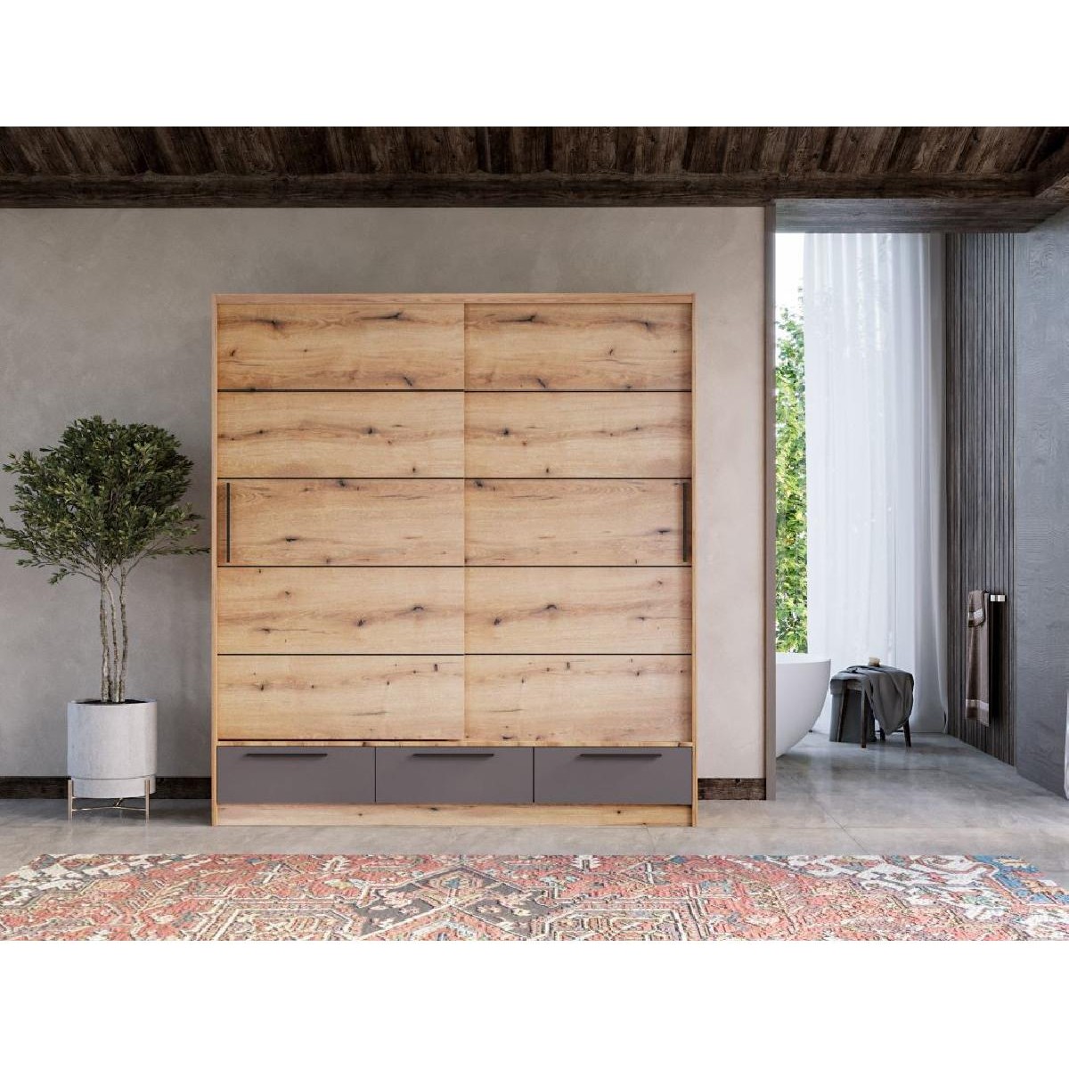 Συρόμενη ντουλάπα με 3 συρτάρια LARA 200 artisan/ γκρι 200x62x220