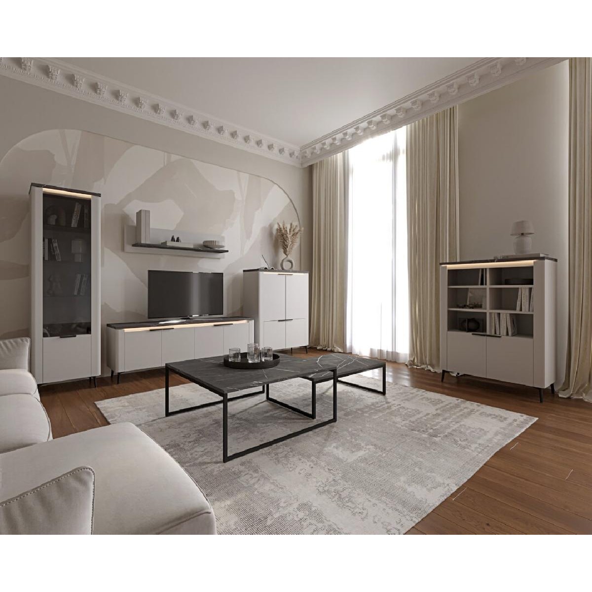 Βιτρίνα ψηλή ASTANA με φωτισμό led λευκό γυαλιστερό/ μαύρο μάρμαρο 53,6x40x191