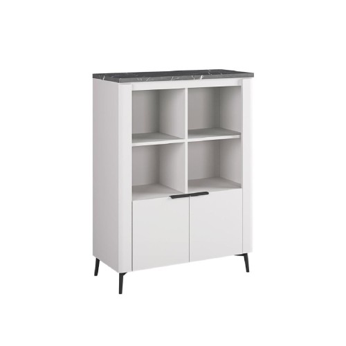 Βιτρίνα χαμηλή με 2 πόρτες ASTANA λευκό γυαλιστερό/ μαύρο μάρμαρο 91x35x125