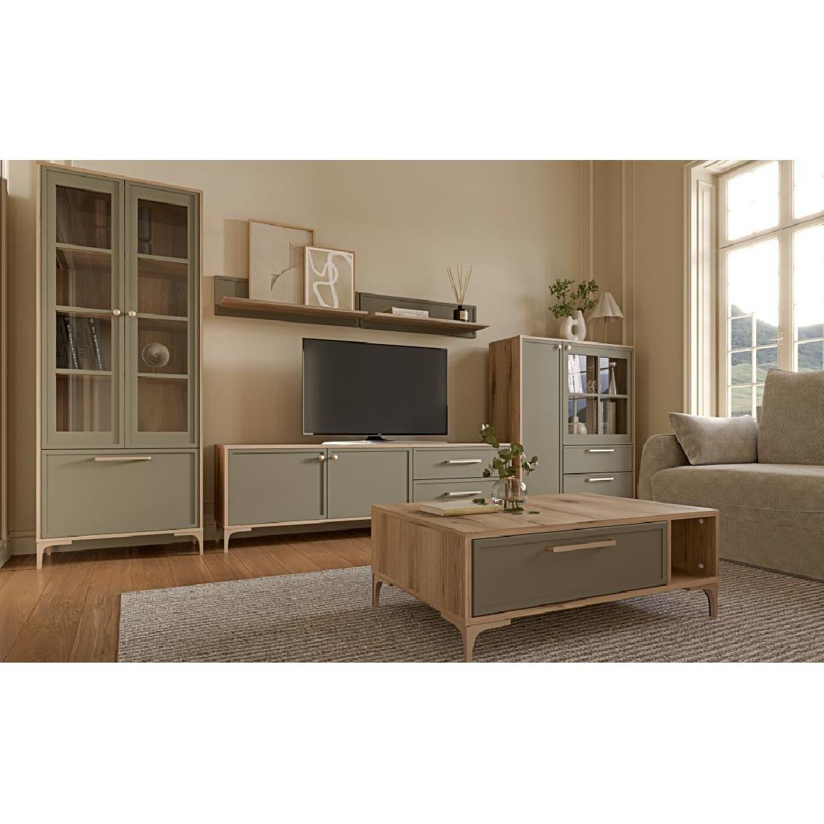 Βιτρίνα χαμηλή ALBA κανέλα/ ελιά 102,5x35,5x125