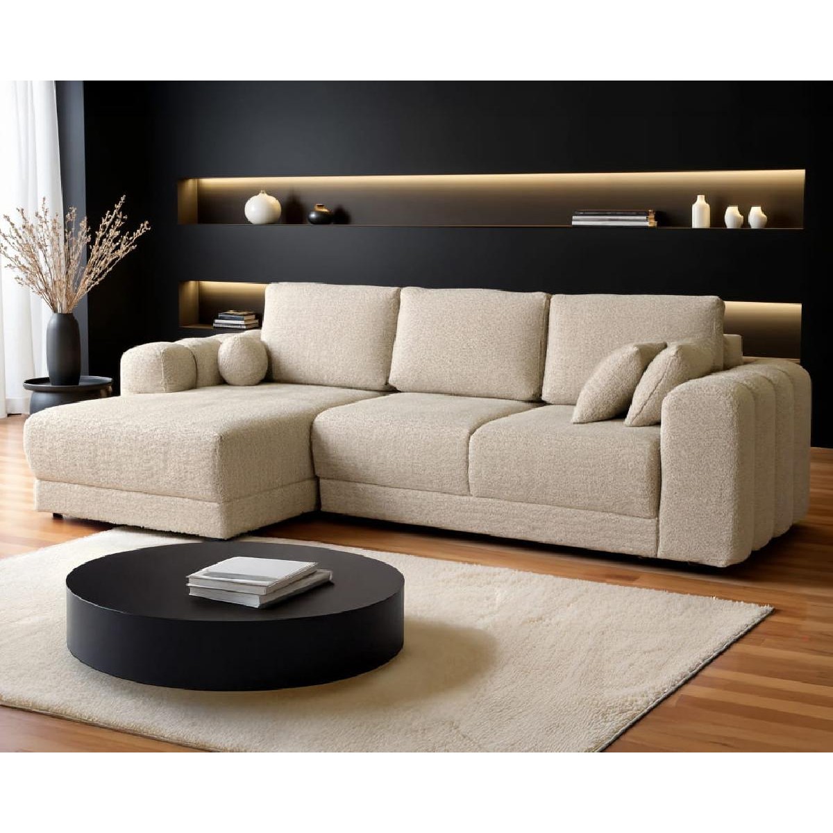 Αμφίδρομος γωνιακός καναπές NOEL με κρεβάτι και αποθηκευτικό χώρο Μπεζ 296x170x97