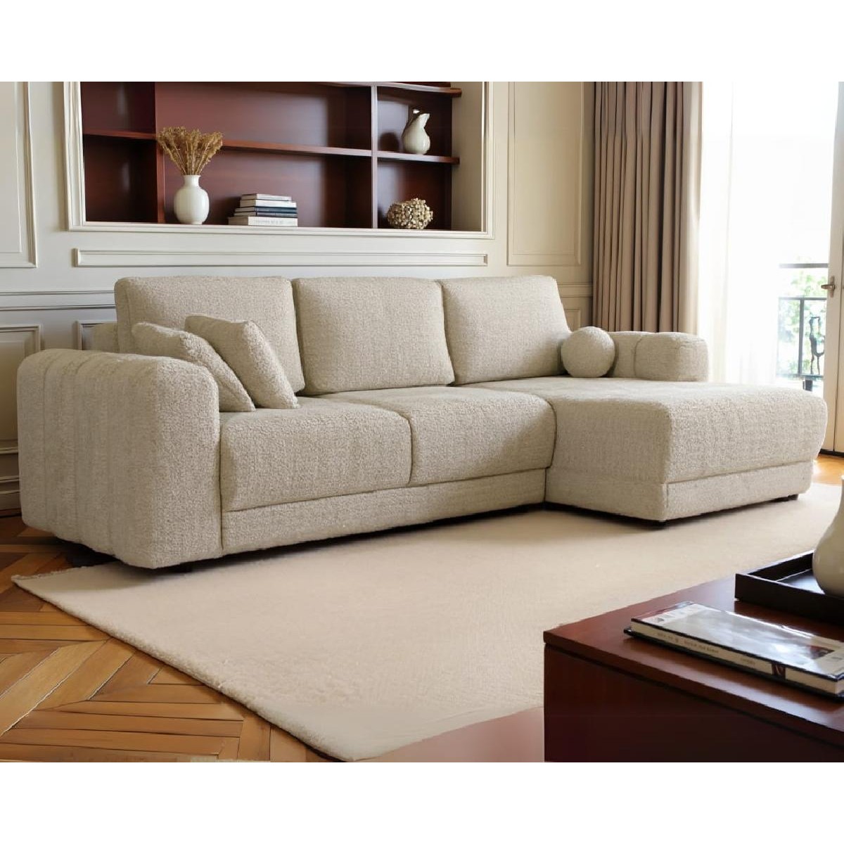 Αμφίδρομος γωνιακός καναπές NOEL με κρεβάτι και αποθηκευτικό χώρο Μπεζ 296x170x97