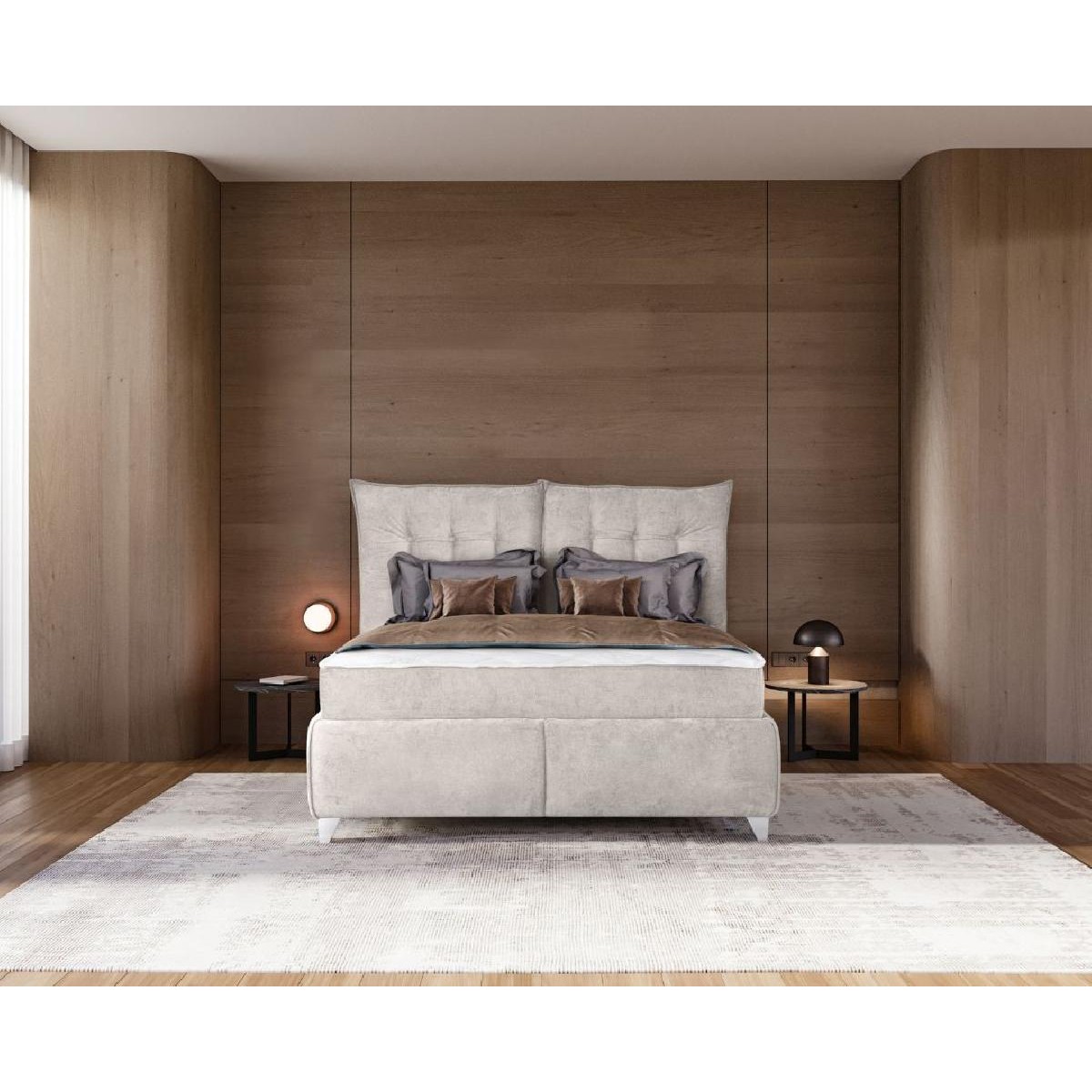 Κρεβάτι με ανακλινόμενο προσκέφαλο που γίνεται μαξιλάρι, αποθήκευση και σομιέ Asterix μπεζ 180x200