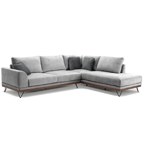 Ετοιμοπαράδοτος αριστερός γωνιακός καναπές VM-RENE με ξύλινη μπάζα, αποσπώμενα- πλενόμενα καλύμματα έδρας και πλάτης ύφασμα perfect 82 γκρι 290x240x98