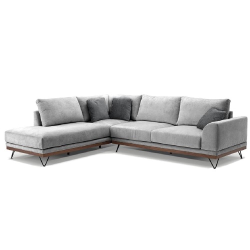 Ετοιμοπαράδοτος δεξής γωνιακός καναπές VM- RENE με ξύλινη μπάζα, αποσπώμενα- πλενόμενα καλύμματα έδρας και πλάτης ύφασμα perfect 82 γκρι 290x240x98