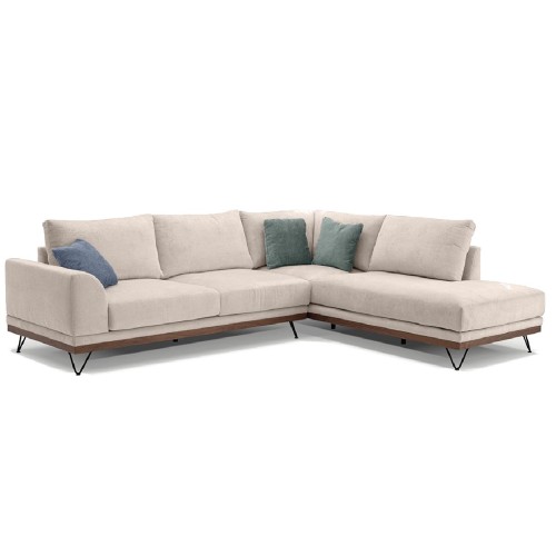 Ετοιμοπαράδοτος αριστερός γωνιακός καναπές VM-RENE με ξύλινη μπάζα, αποσπώμενα- πλενόμενα καλύμματα έδρας και πλάτης ύφασμα perfect 02 μπεζ 290x240x98