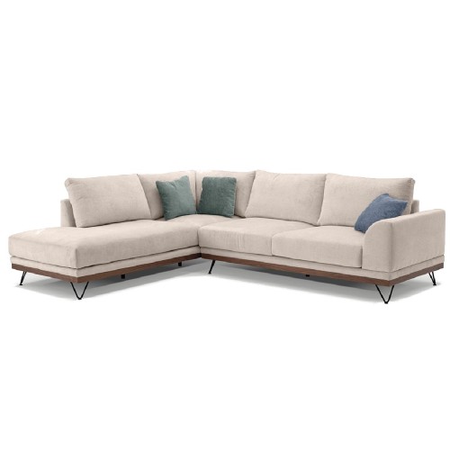 Ετοιμοπαράδοτος δεξής γωνιακός καναπές VM-RENE με ξύλινη μπάζα, αποσπώμενα- πλενόμενα καλύμματα έδρας και πλάτης ύφασμα perfect 02 μπεζ 290x240x98