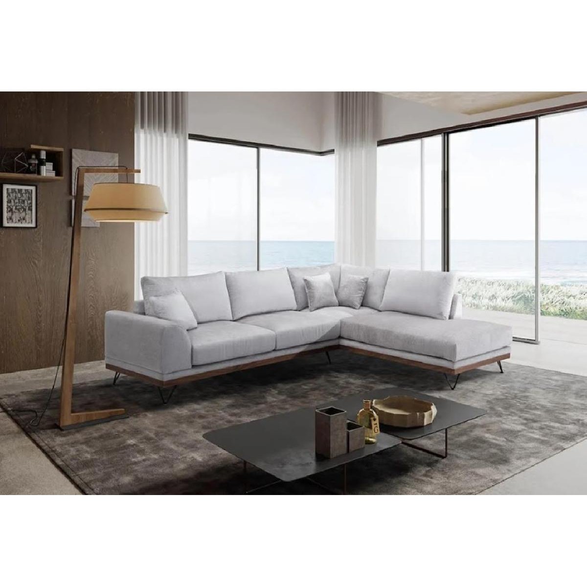 Ετοιμοπαράδοτος δεξής γωνιακός καναπές VM-RENE με ξύλινη μπάζα, αποσπώμενα- πλενόμενα καλύμματα έδρας και πλάτης ύφασμα perfect 02 μπεζ 290x240x98