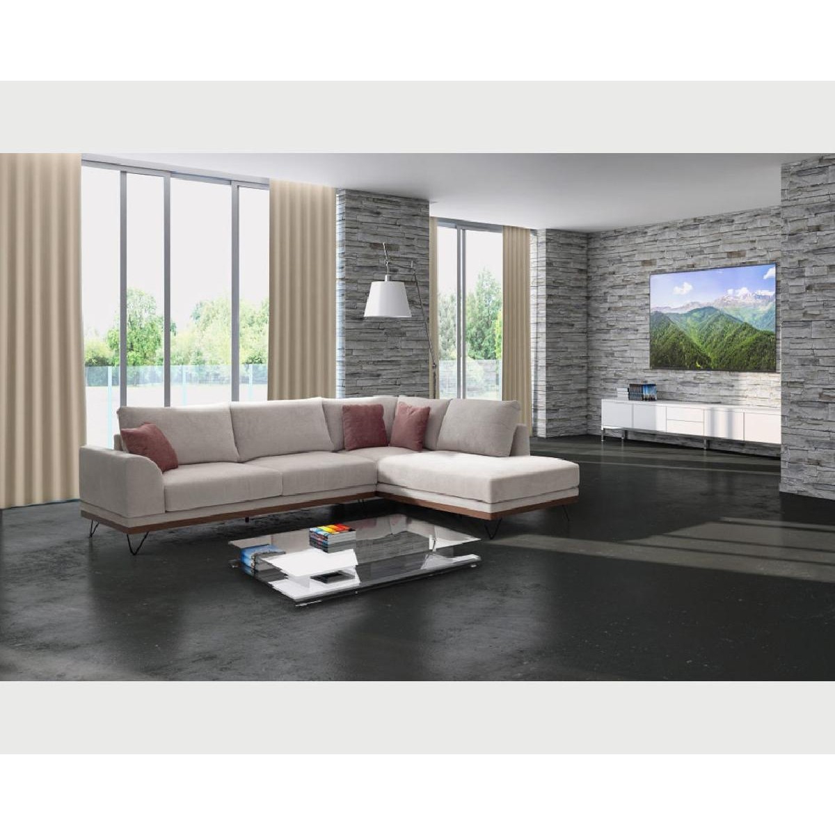 Γωνιακός καναπές VM- RENE με ξύλινη μπάζα, αποσπώμενα- πλενόμενα καλύμματα έδρας και πλάτης με επιλογή υφάσματος 290x240x98