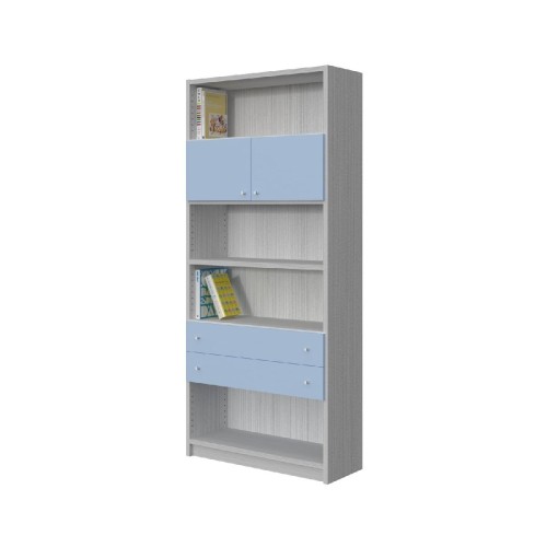 Modeco - ΒΙΒΛΙΟΘΗΚΗ 4 ΡΑΦΙΩΝ ΜΕ ΠΟΡΤΕΣ ΚΑΙ ΣΥΡΤΑΡΙΑ 89,5x33x201,5 cm - ΛΕΥΚΟ ΡΙΓΑ/ΣΙΕΛ - 89.5x33.0x201.5