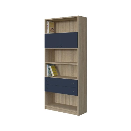 Modeco - ΒΙΒΛΙΟΘΗΚΗ 4 ΡΑΦΙΩΝ ΜΕ ΠΟΡΤΕΣ ΚΑΙ ΣΥΡΤΑΡΙΑ 89,5x33x201,5 cm - ΠΕΥΚΟ/ΜΠΛΕ - 89.5x33.0x201.5