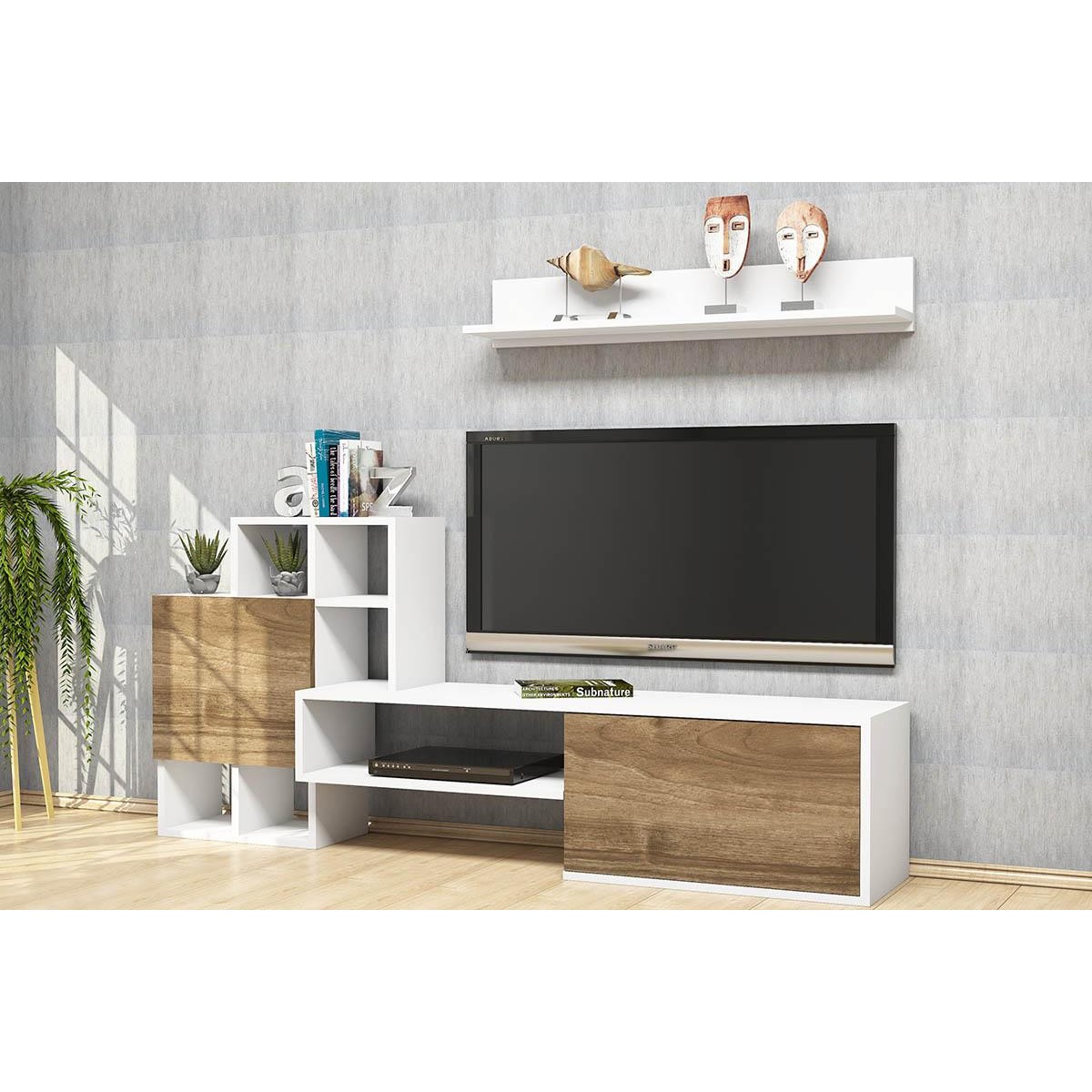Σύνθετο σαλονιού Rinaldo Tv pakoworld σε χρώμα λευκό-καρυδί 160x30x78