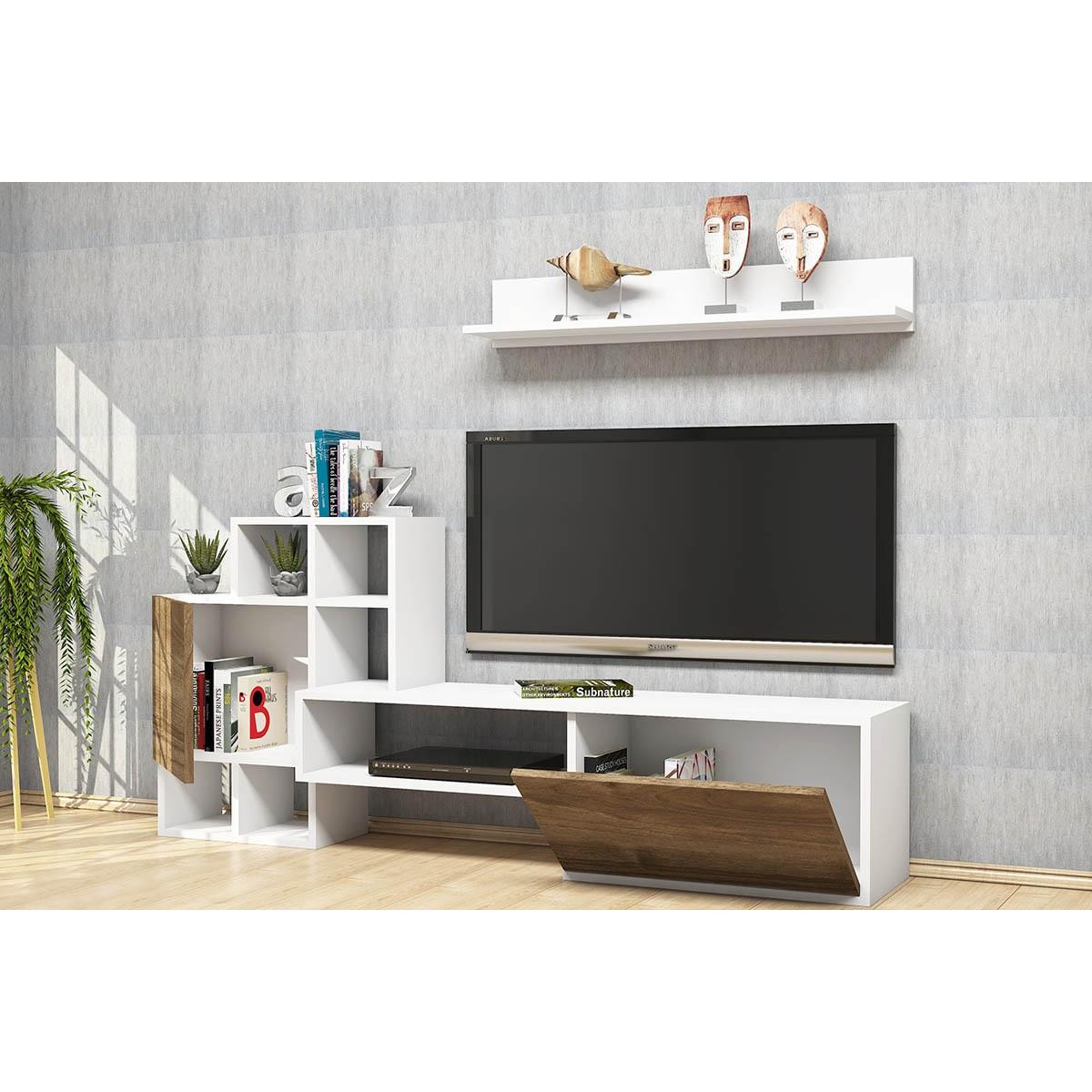 Σύνθετο σαλονιού Rinaldo Tv pakoworld σε χρώμα λευκό-καρυδί 160x30x78
